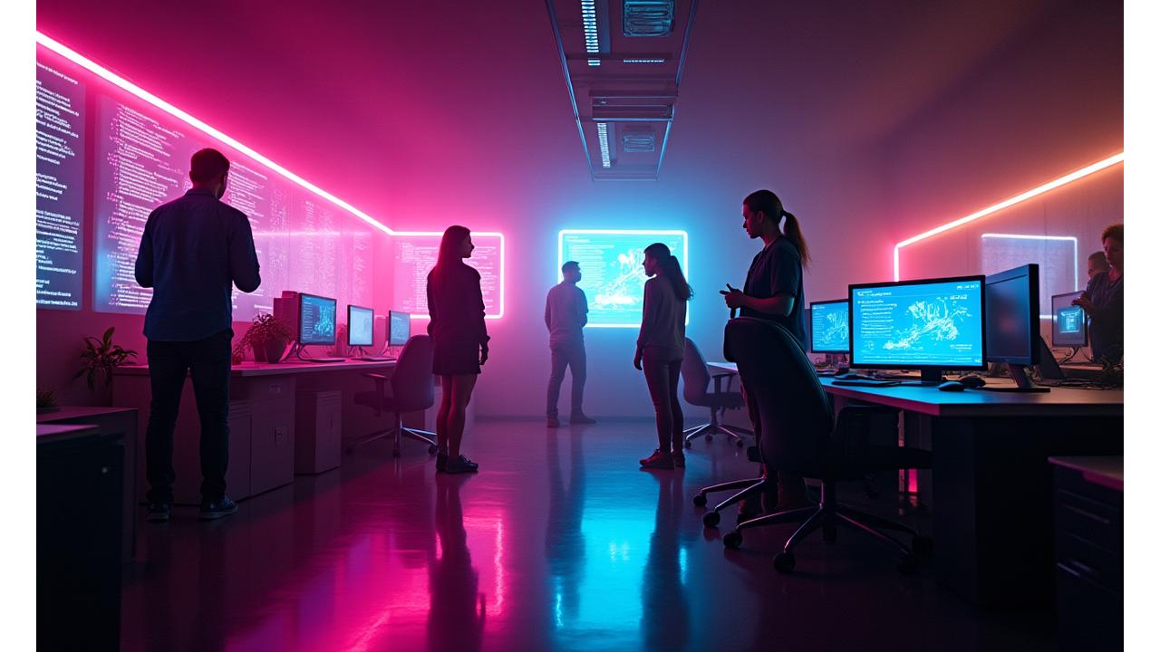 A dynamic team collaborating in a futuristic, neon-lit office space, full of energy and creativity